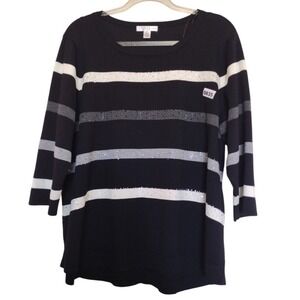 Spense Knit Top Woman's‎ 2X Black White Striped Rhinestone 3/4 Sleeves Sweater
